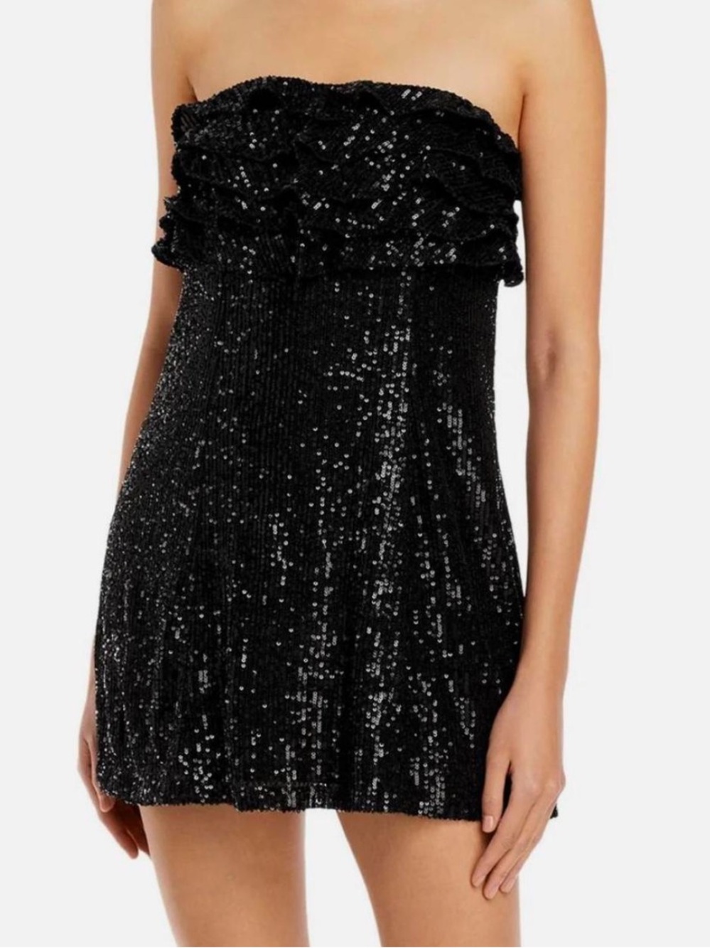 Free People Black Strapless Sequin Mini Dress with Ruffled Bandeau